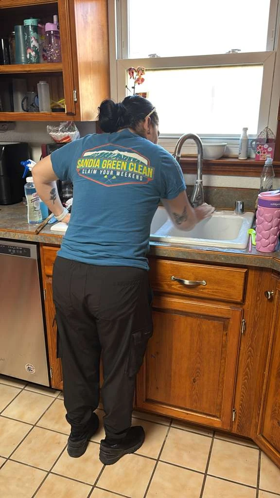 Color-coded microfiber cloths and green cleaning products used by Sandia Green Clean