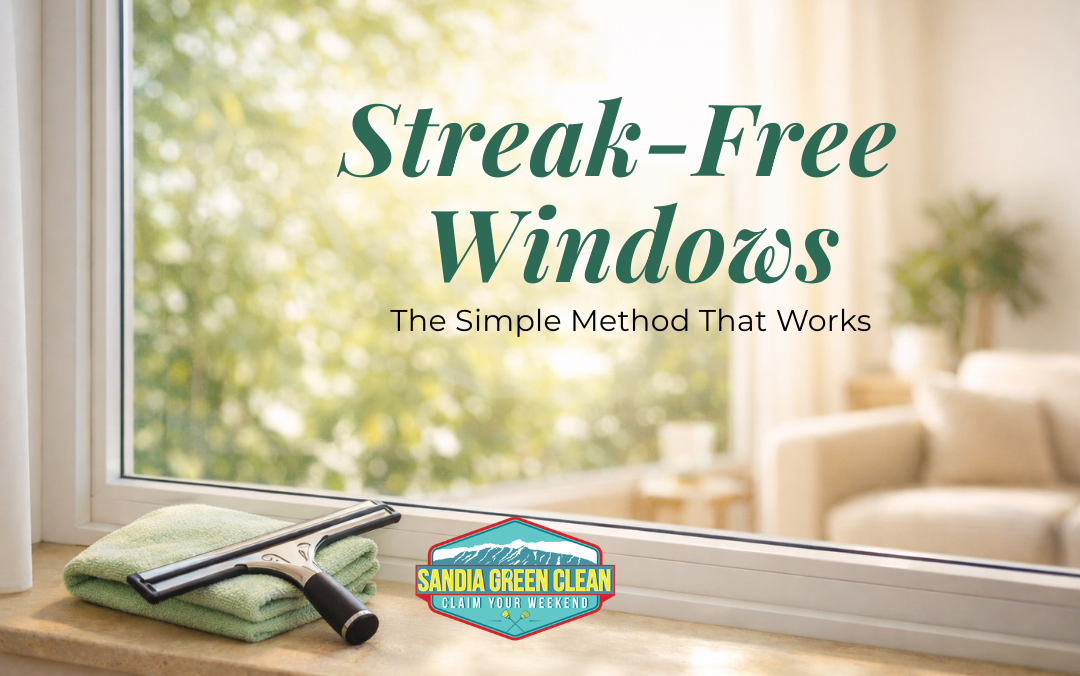 Streak-free clean window with natural sunlight shining into a bright home interior